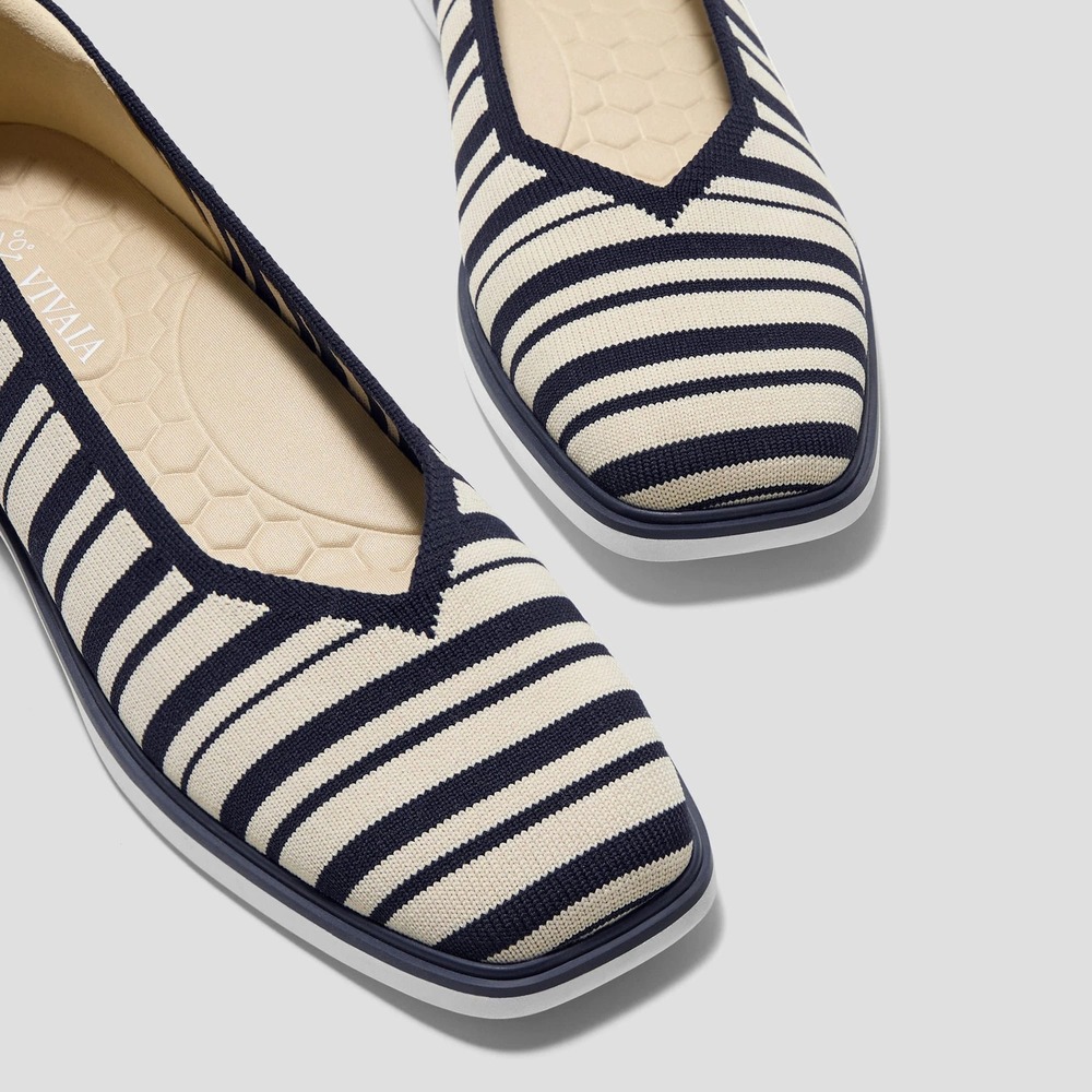 VIVAIA Navy Cream Striped Square Toe All-Day Standing Flats EU 39 US 8 - Picture 2 of 16